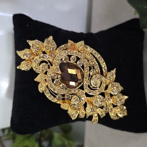 Gold Elegant Brooch Pin / Pendant Topaz Color Rhinestone